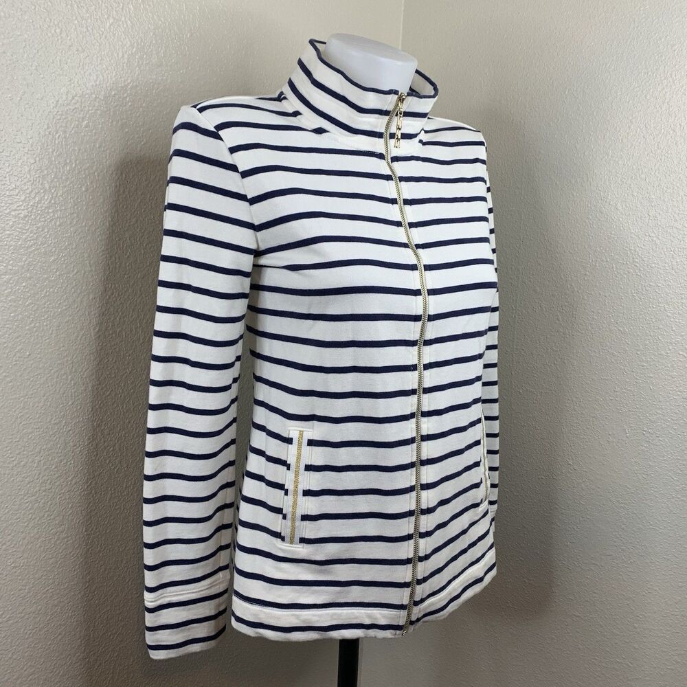 Lilly Pulitzer Striped Full Zip Sz XS Jacket Navy White Gold Trim Nautical Coat